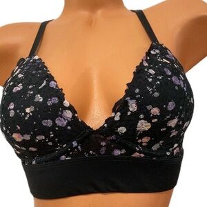 PINK Victoria's Secret Black and Purple floral lace lightly lined Bra